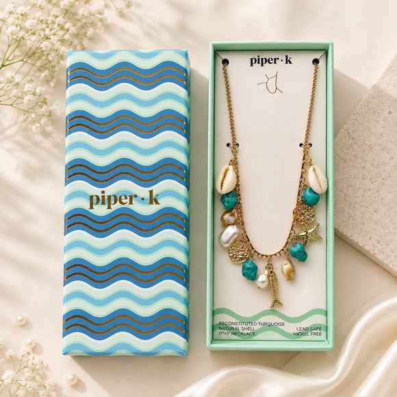 Piper K Jewelry - *New* Piper K Reconstituted Turquoise & Natural Shell Gold Toned Charm Necklace